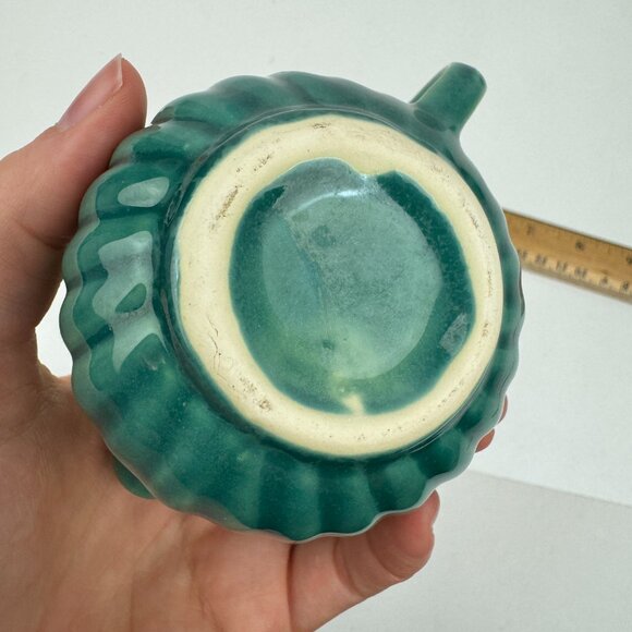 Vtg Small Ceramic Creamer Sugar Set MCM Sage Green Teal Swirled Ribbed Textured - Picture 7 of 10